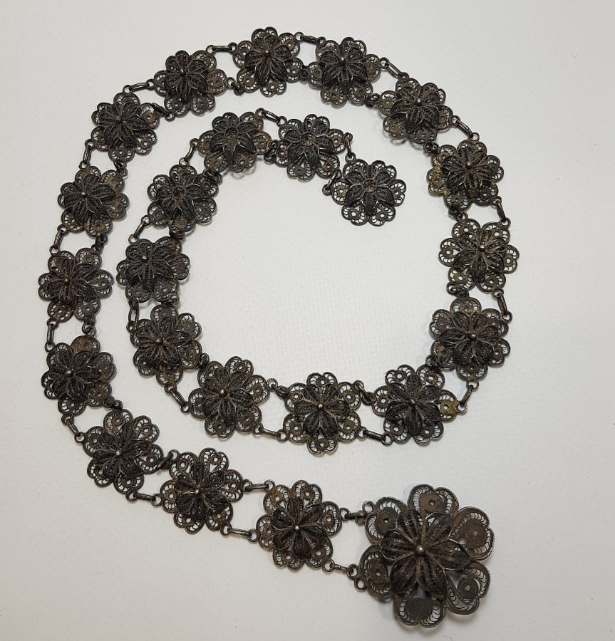 OSMANLI DÖNEMİ SAF GÜMÜŞTEN MAMUL TELKARİ İŞÇİLİKLİ GELİN KEMERİ