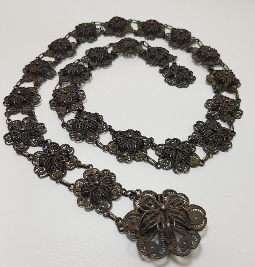 OSMANLI DÖNEMİ SAF GÜMÜŞTEN MAMUL TELKARİ İŞÇİLİKLİ GELİN KEMERİ