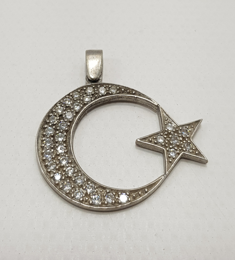 ZİRKON TAŞLI AY YILDIZ GÜMÜŞ KOLYE UCU