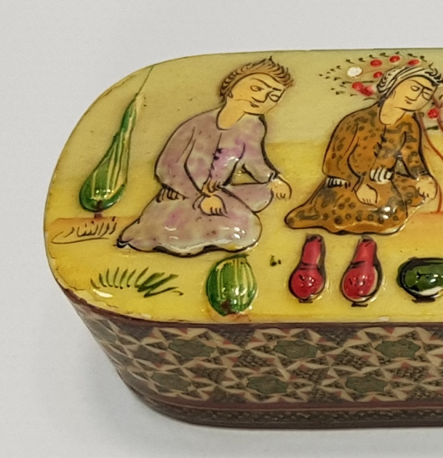 İRAN İŞİ SANATÇI İMZALI MİNYATÜR İŞLEMELİ MARKÜTERİ KALEMDAN