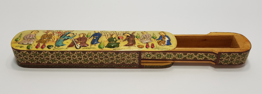 İRAN İŞİ SANATÇI İMZALI MİNYATÜR İŞLEMELİ MARKÜTERİ KALEMDAN