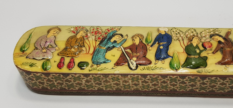 İRAN İŞİ SANATÇI İMZALI MİNYATÜR İŞLEMELİ MARKÜTERİ KALEMDAN