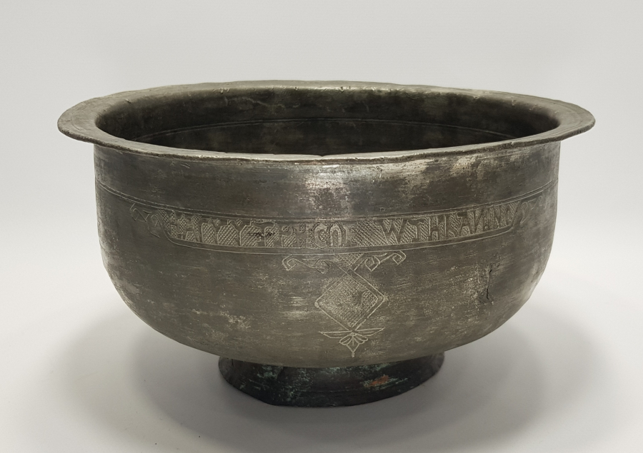 OSMANLI DÖNEMİ RUMCA YAZILI BÜYÜK BOY BAKIR KASE