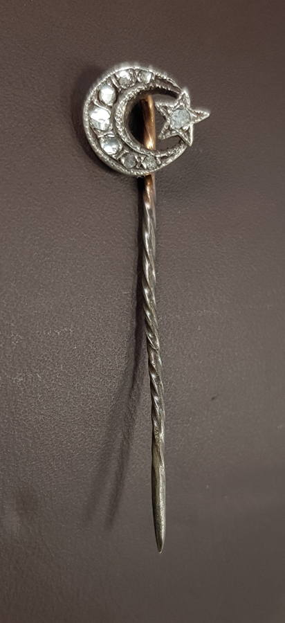 OSMANLI DÖNEMİ ELMAS TAŞLARLA BEZELİ AY YILDIZLI YAKA İĞNESİ - BROŞ