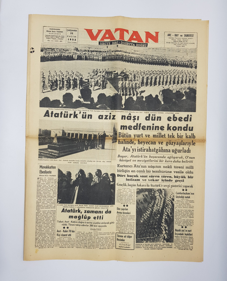 11 KASIM 1953 VATAN GAZETESİ: ATATÜRK'ÜN NAAŞI DÜN EBEDİ MEDFENİNE KONDU