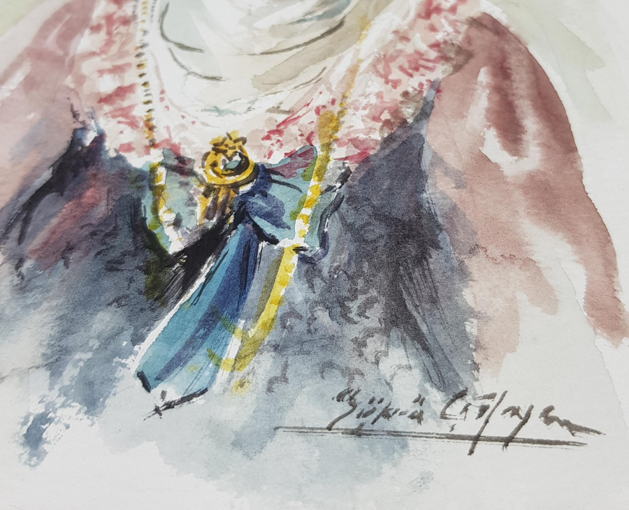 RESSAM ŞÜKRÜ ÇAĞLAYAN SULU BOYA OSMANLI KADIN ÇALIŞMASI