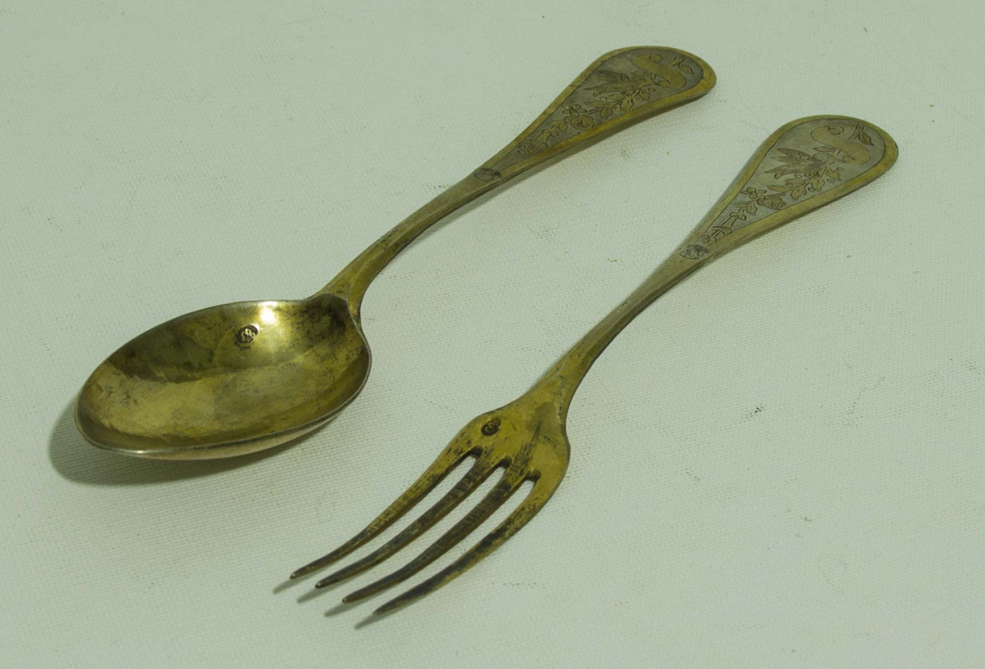 OSMANLI DÖNEMİ TUĞRALI VE SAH DAMGALI GÜMÜŞ ÇATAL KAŞIK 