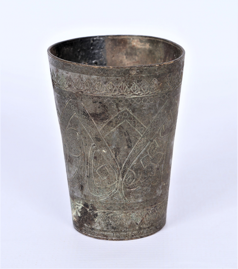 OSMANLI DÖNEMİ ÜZERİ YAZILI HACI İŞİ BRONZ BARDAK 