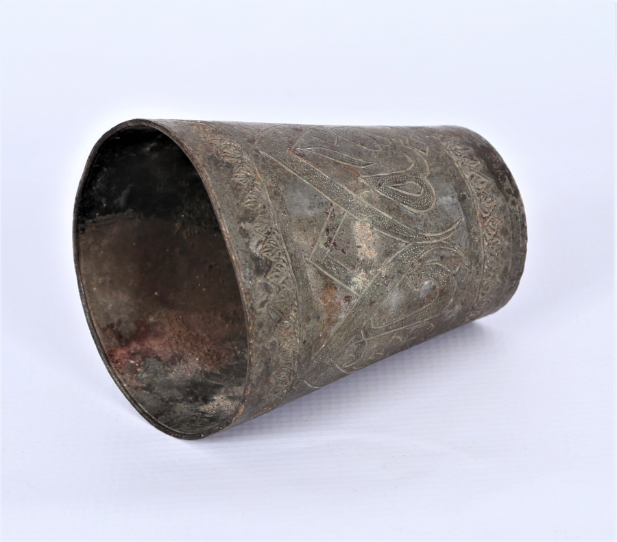 OSMANLI DÖNEMİ ÜZERİ YAZILI HACI İŞİ BRONZ BARDAK 