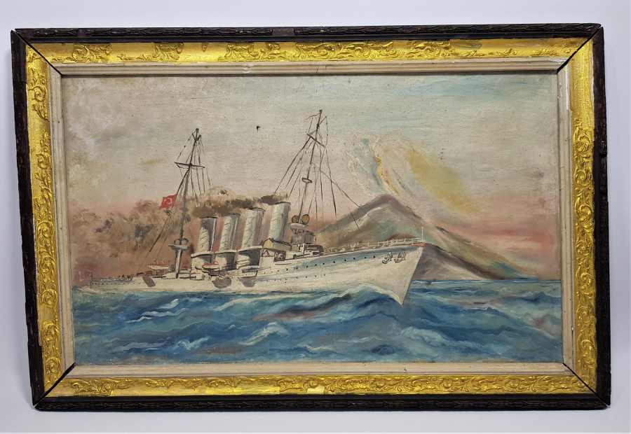 DENİZDE TÜRK BAYRAKLI GEMİ TEMALI YAĞLI BOYA RESİM 