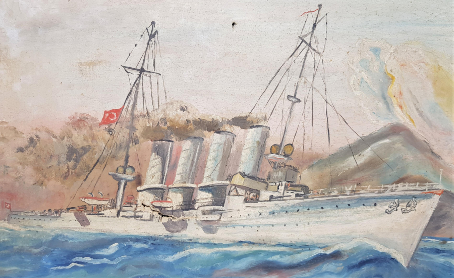 DENİZDE TÜRK BAYRAKLI GEMİ TEMALI YAĞLI BOYA RESİM 