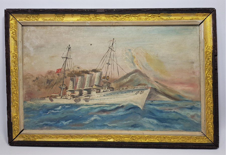 DENİZDE TÜRK BAYRAKLI GEMİ TEMALI YAĞLI BOYA RESİM 