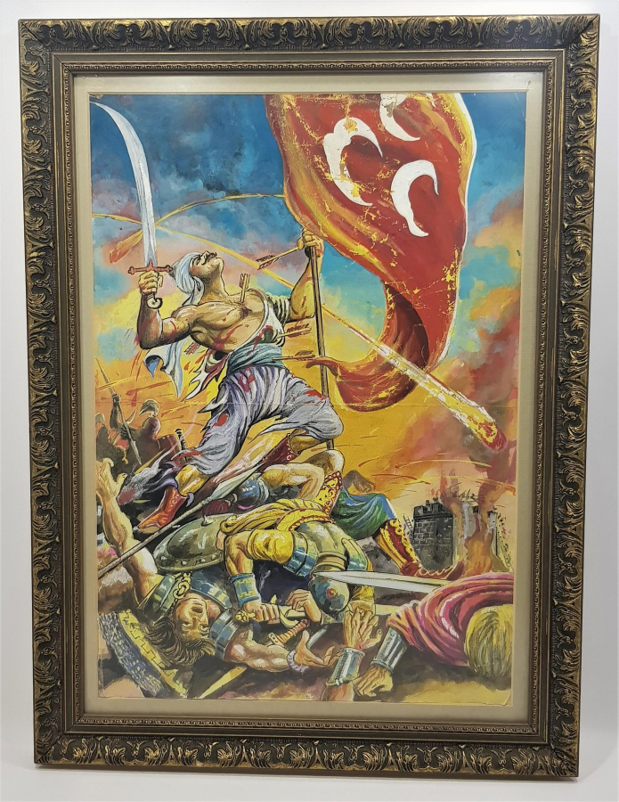 İSTANBUL'UN FETHİ VE SURLARA BAYRAK DİKEN ULUBATLI HASAN TEMALI YAĞLI BOYA RESİM 