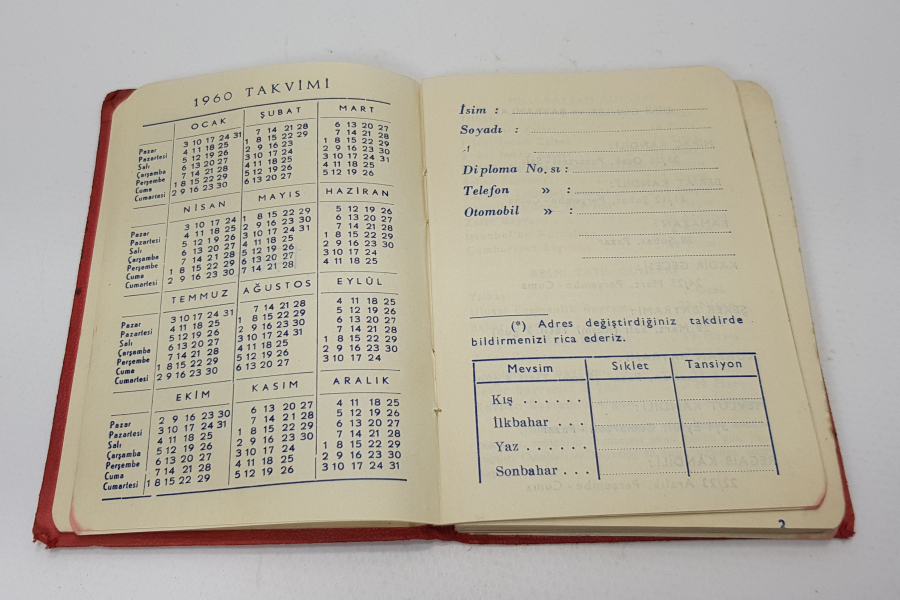 TÜRK FARMA KOL. ŞTİ. CHINOIN REKLAMLI 1960 YILI GÜNLÜK