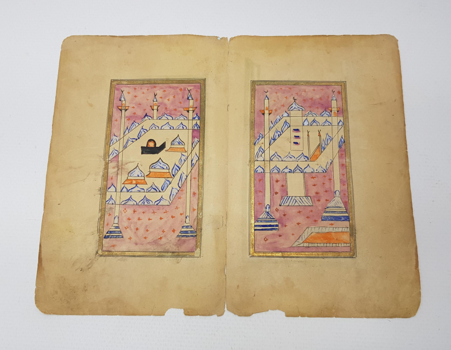 KABE VE MESCİDİ NEBEVİ RESİMLİ EL YAZMA 4 SAYFA VARAK 