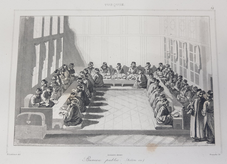 OSMANLI DÖNEMİ SARAYDA KALEM OFİSİNDE VAKANÜVİSLER GRAVÜRÜ