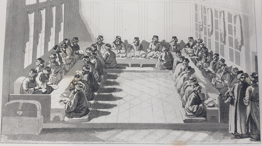 OSMANLI DÖNEMİ SARAYDA KALEM OFİSİNDE VAKANÜVİSLER GRAVÜRÜ