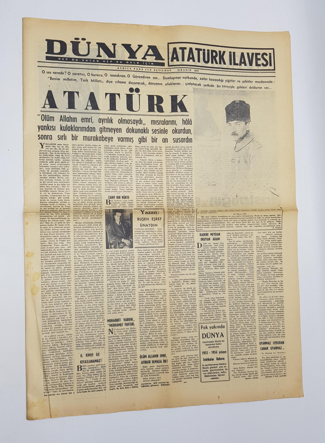 ATATÜRK'ÜN ANITKABİR'E NAKLİ 10 KASIM 1953 DÜNYA GAZETESİ VE ATATÜRK İLAVESİ