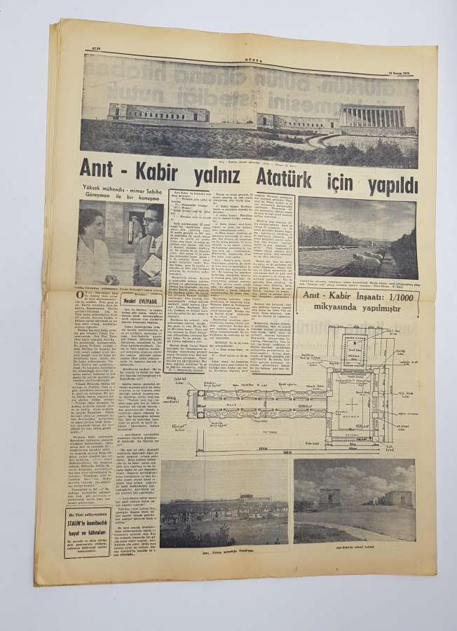 ATATÜRK'ÜN ANITKABİR'E NAKLİ 10 KASIM 1953 DÜNYA GAZETESİ VE ATATÜRK İLAVESİ