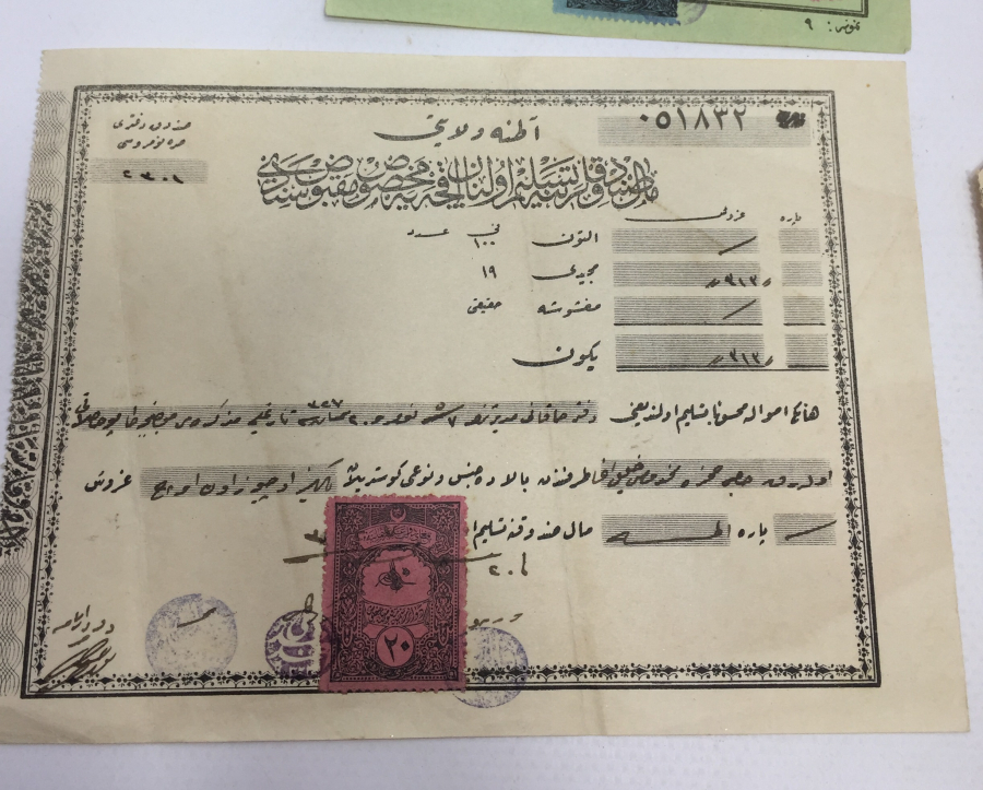 OSMANLI DÖNEMİ ÜZERİNDE PULLARI BULUNAN 4 ADET MAKBUZ