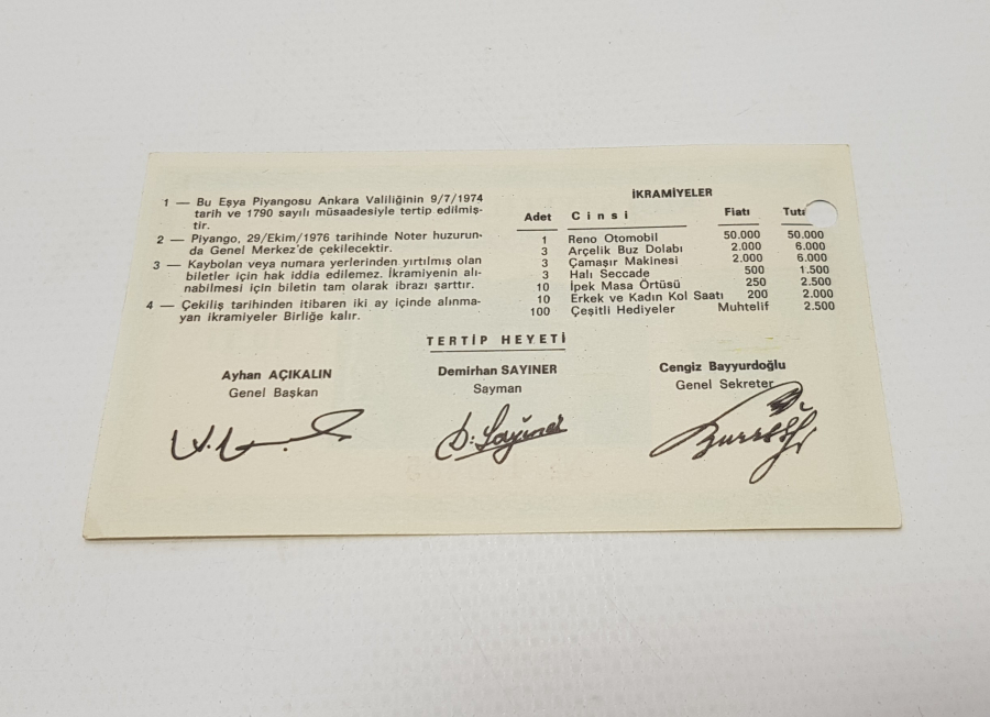 1976 MÜLKİYELİLER BİRLİĞİ EŞYA PİYANGOSU BİLETİ 