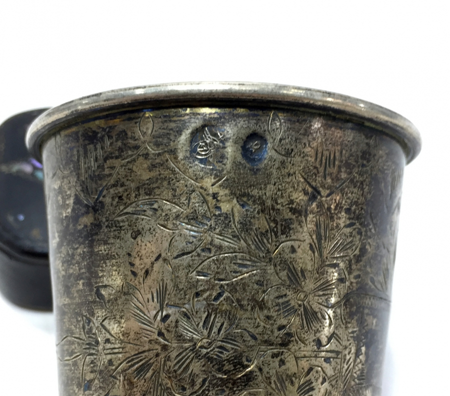 OSMANLI DÖNEMİ TUĞRALI VE SAH DAMGALI KALEM İŞÇİLİKLİ GÜMÜŞ BARDAK