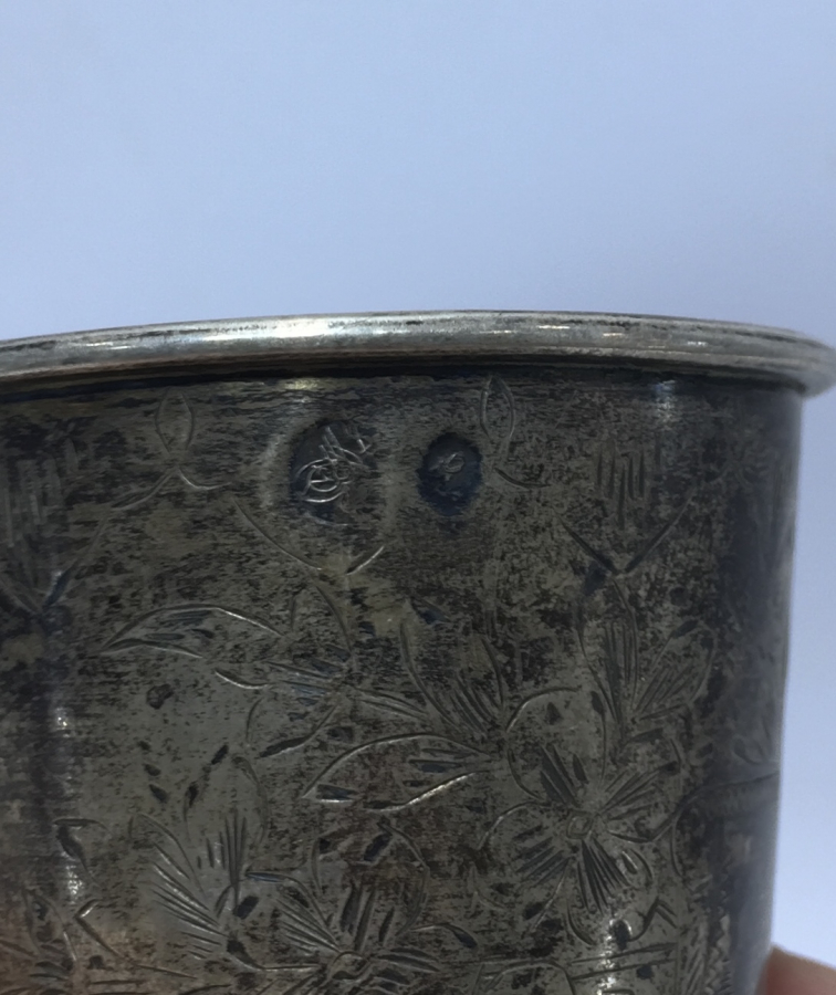 OSMANLI DÖNEMİ TUĞRALI VE SAH DAMGALI KALEM İŞÇİLİKLİ GÜMÜŞ BARDAK