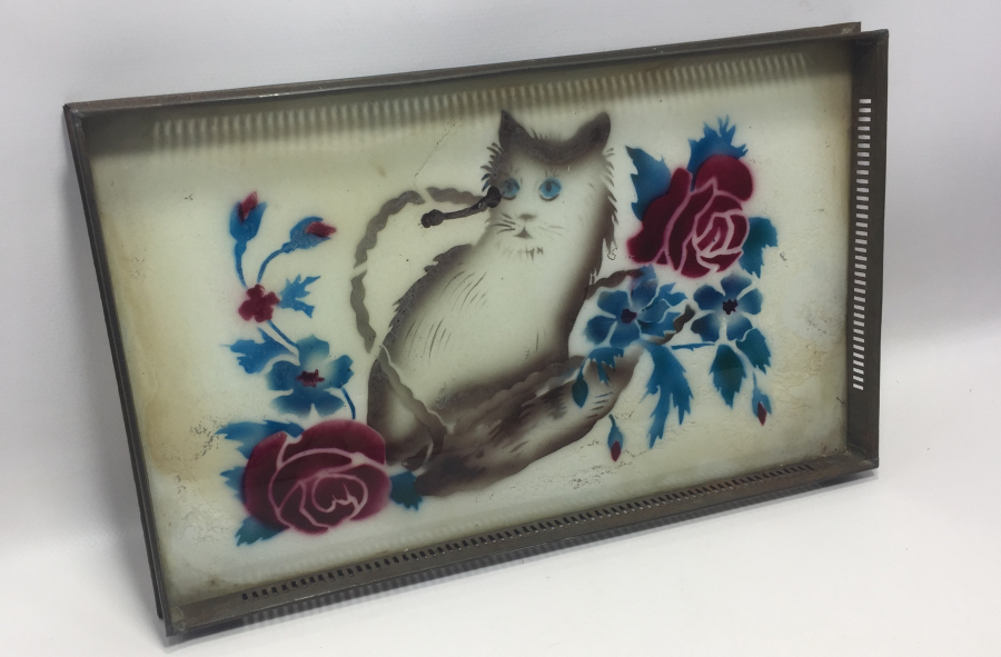 ANTİKA CAM ALTI KEDİLİ TEPSİ