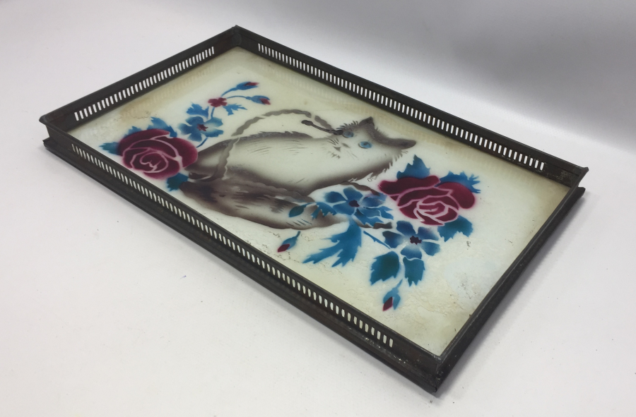 ANTİKA CAM ALTI KEDİLİ TEPSİ