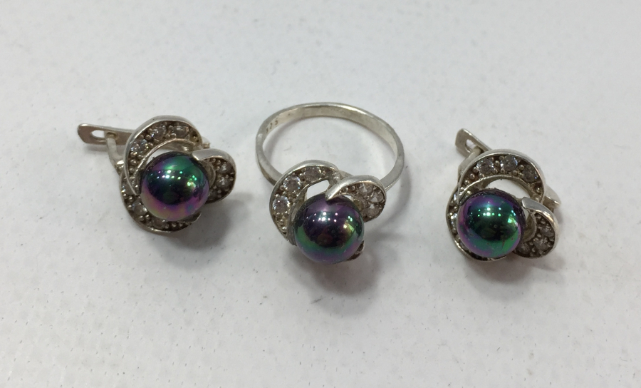 SİYAH İNCİLİ GÜMÜŞ KÜPE YÜZÜK TAKIMI