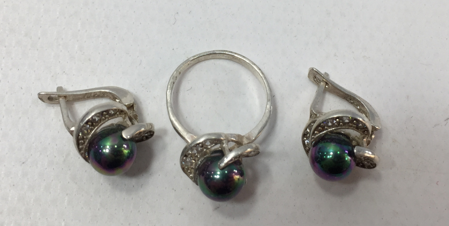 SİYAH İNCİLİ GÜMÜŞ KÜPE YÜZÜK TAKIMI