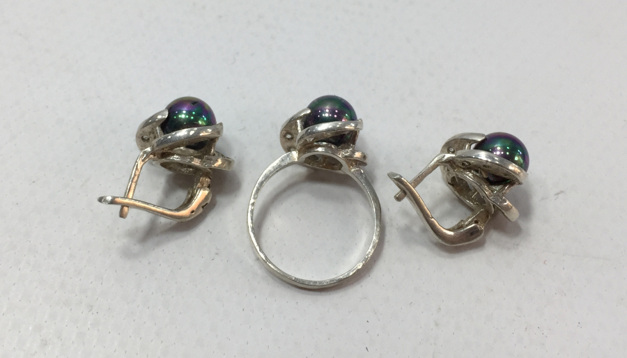 SİYAH İNCİLİ GÜMÜŞ KÜPE YÜZÜK TAKIMI