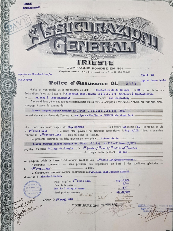 1923 CONSTANTINOPLE ASSICURAZIONI GENERALI SİGORTA POLİÇESİ 