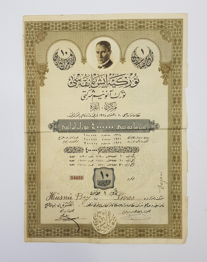 Ataturk Resimli Osmanlica Is Bankasi Hisse Senedi Bayrak Muzayede