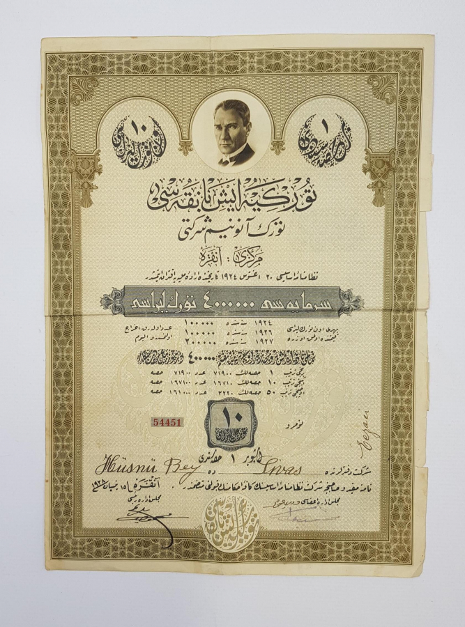 Ataturk Resimli Osmanlica Is Bankasi Hisse Senedi Bayrak Muzayede