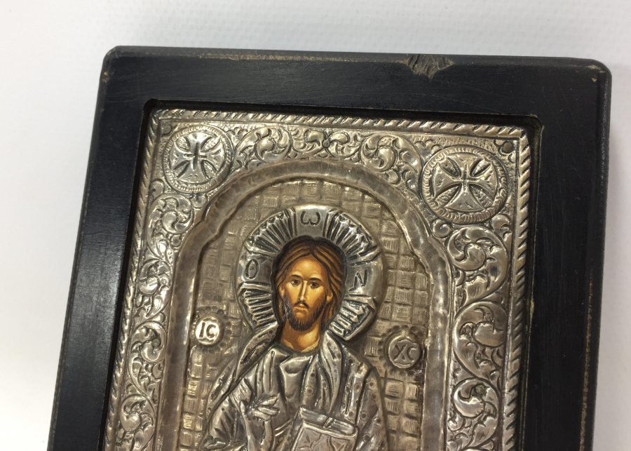 OSMANLI DÖNEMİ RUM İŞİ AHŞAP ÜZERİ GÜMÜŞ VE EL BOYAMA İKONA