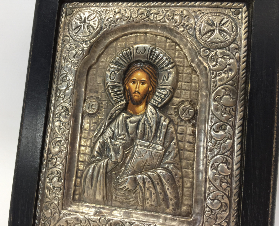 OSMANLI DÖNEMİ RUM İŞİ AHŞAP ÜZERİ GÜMÜŞ VE EL BOYAMA İKONA