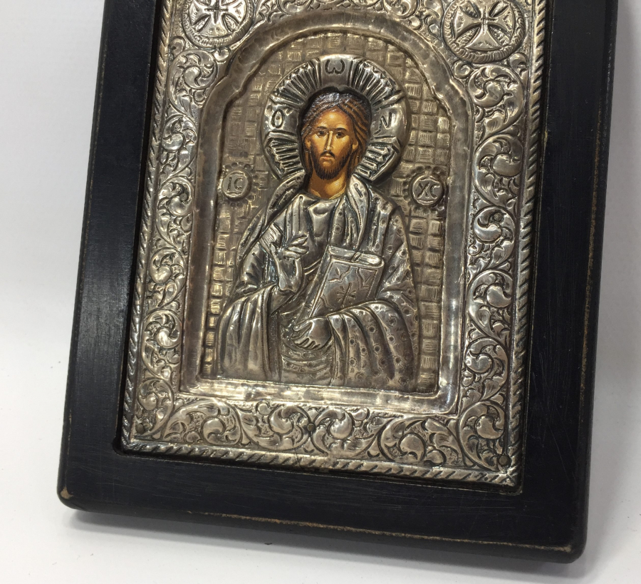 OSMANLI DÖNEMİ RUM İŞİ AHŞAP ÜZERİ GÜMÜŞ VE EL BOYAMA İKONA