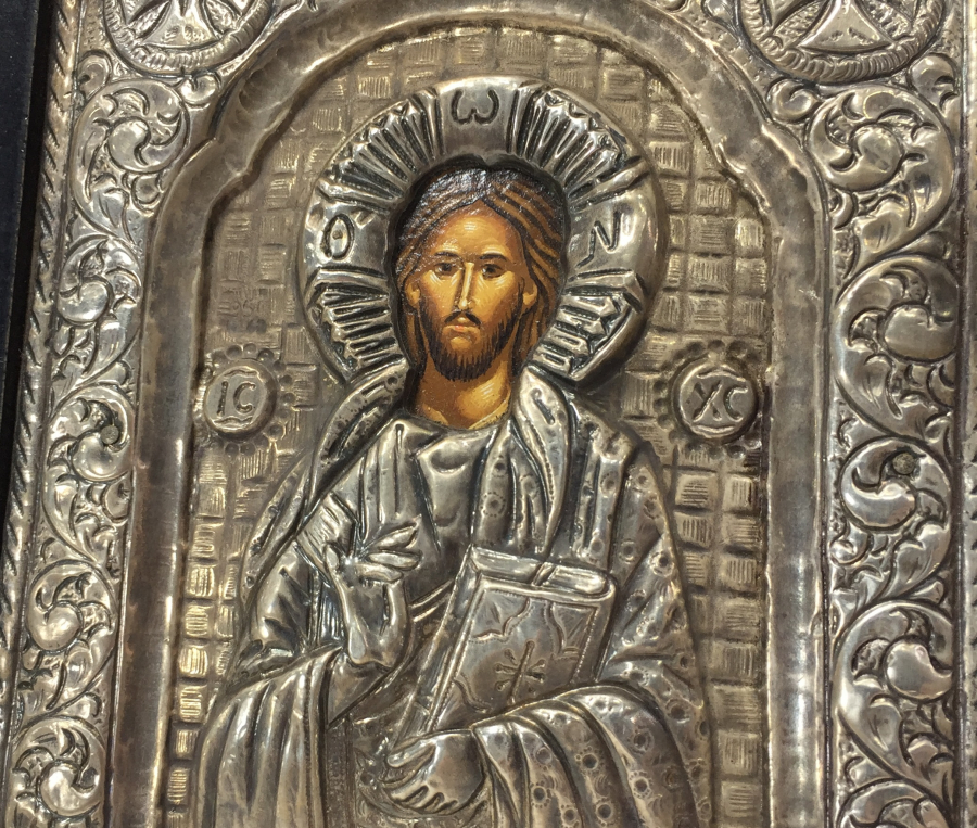 OSMANLI DÖNEMİ RUM İŞİ AHŞAP ÜZERİ GÜMÜŞ VE EL BOYAMA İKONA