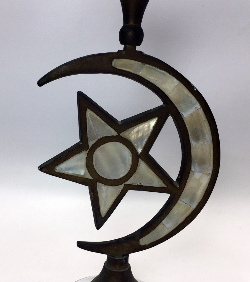 OSMANLI AY YILDIZLI PİRİNÇ ÜZERİ SEDEF İŞÇİLİKLİ MUMLUK