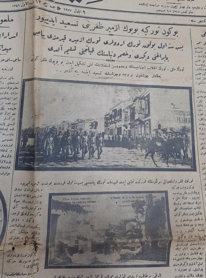 9 EYLÜL 1927 İZMİR'İN KURTULUŞU İLE İLGİLİ OSMANLICA MİLLİYET GAZETESİ 