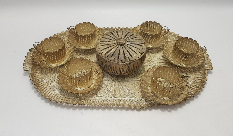 TELKARİ İŞÇİLİKLİ GÜMÜŞ KAPLAMA ÇAY KAHVE SETİ 