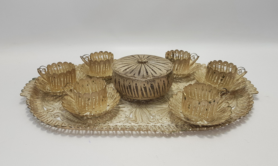 TELKARİ İŞÇİLİKLİ GÜMÜŞ KAPLAMA ÇAY KAHVE SETİ 