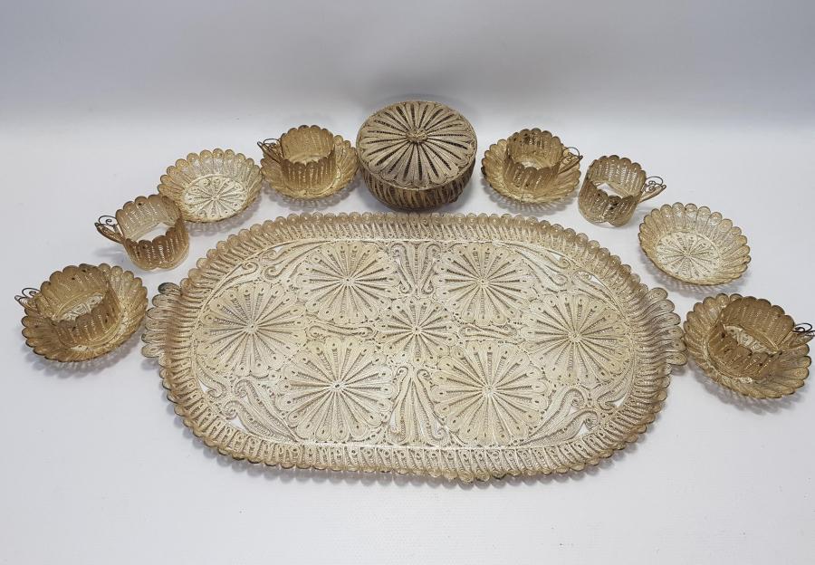 TELKARİ İŞÇİLİKLİ GÜMÜŞ KAPLAMA ÇAY KAHVE SETİ 