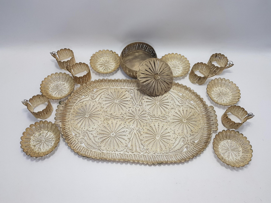 TELKARİ İŞÇİLİKLİ GÜMÜŞ KAPLAMA ÇAY KAHVE SETİ 