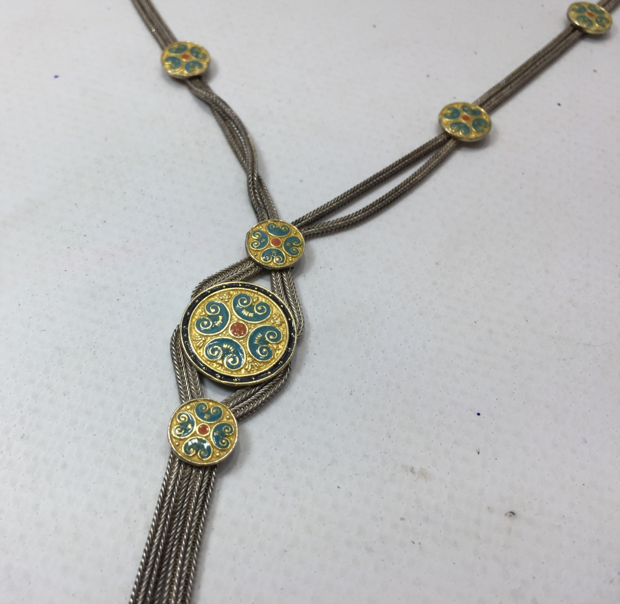 GÜMÜŞ ÜZERİ ALTIN VE MİNE İŞÇİLİKLİ ÖZEL YAPIM GERDANLIK