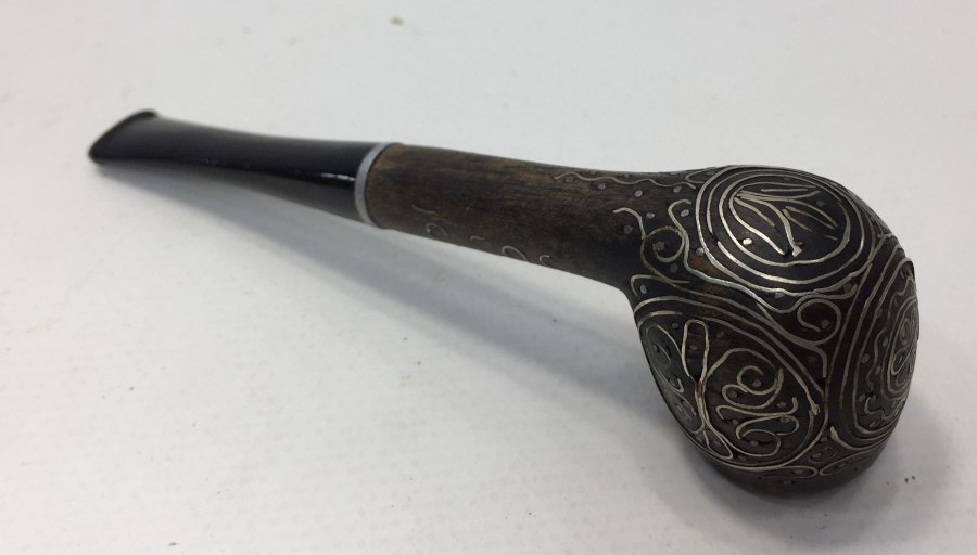 OSMANLI DÖNEMİ ÜZERİ OSMANLICA YAZILI AFYON İŞİ GÜMÜŞ ÇAKMA NADİR PİPO