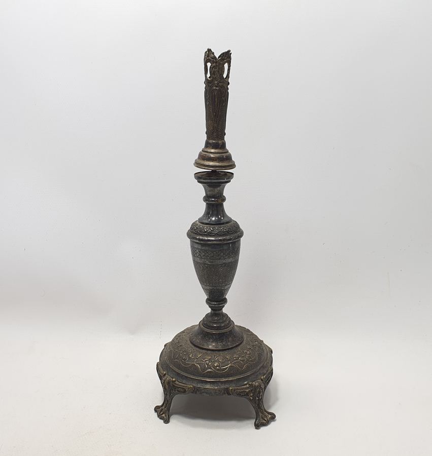 OSMANLI DÖNEMİ AZNAVUR İŞÇİLİKLİ NADİR FORMDA GÜMÜŞ KAPLAMA ŞAMDAN