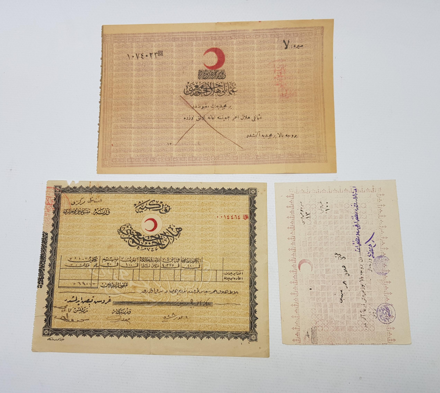 OSMANLI DÖNEMİ HİLALİ AHMER CEMİYETİ ÜÇ ADET MAKBUZ 