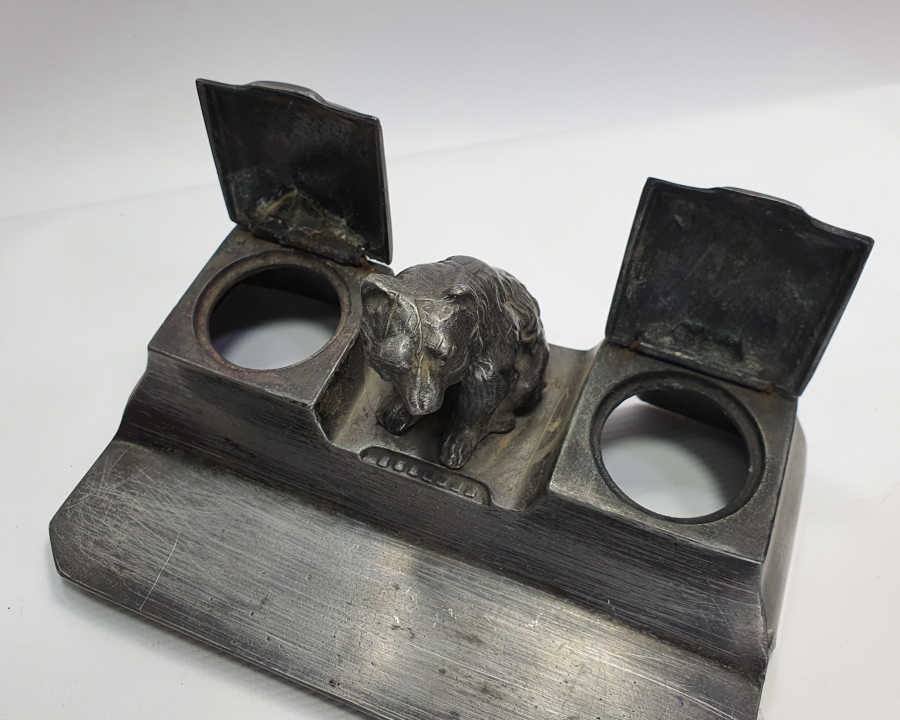 DÖKÜMDEN MAMUL AYI FİGÜRLÜ ANTİKA MASA ÜSTÜ HOKKA